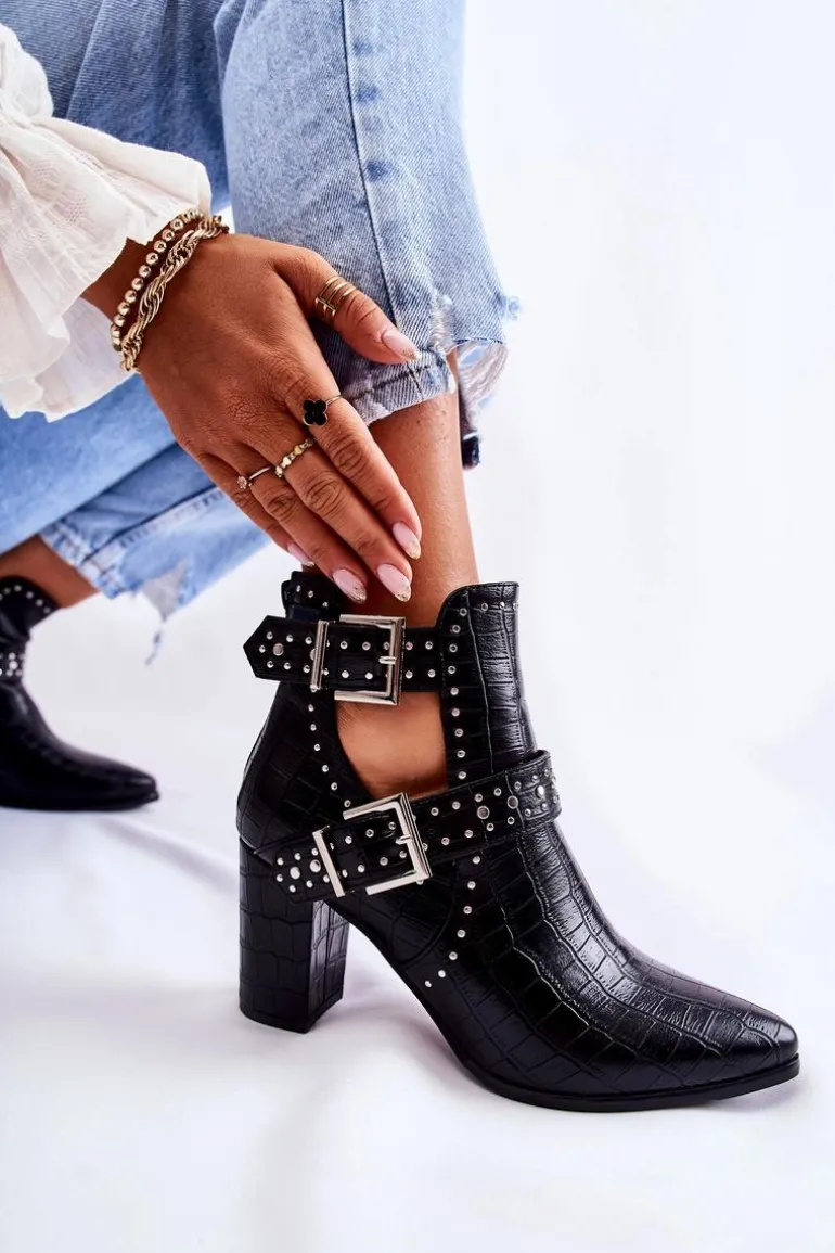 Damskie Botki Na Słupku Z Dżetami Czarne Kelin