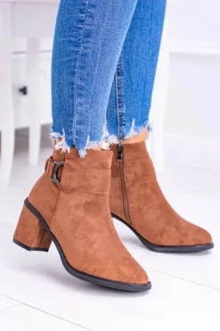 Damskie Botki Na Słupku Z Klamrą Zamsz Camel Evoret