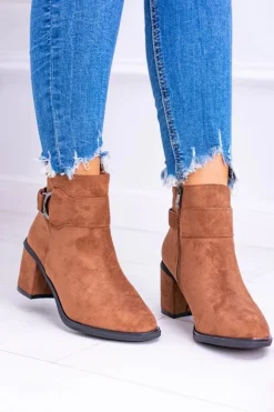 Damskie Botki Na Słupku Z Klamrą Zamsz Camel Evoret