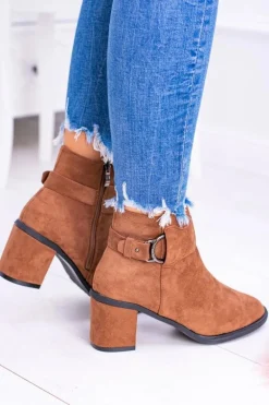 Damskie Botki Na Słupku Z Klamrą Zamsz Camel Evoret