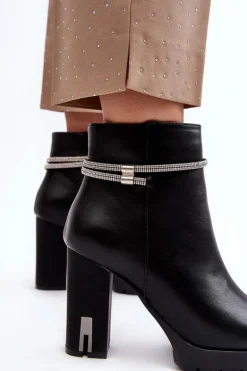 Damskie Botki Na Słupku Z Ozdobą Czarne Carolla