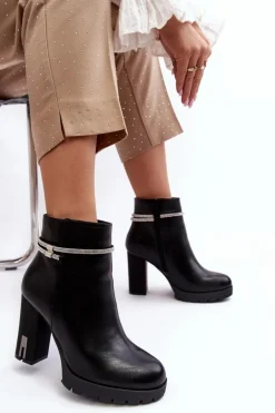 Damskie Botki Na Słupku Z Ozdobą Czarne Carolla