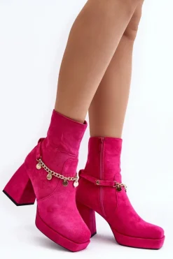 Damskie Botki Na Słupku Z Łańcuszkiem Fuksja Tiselo
