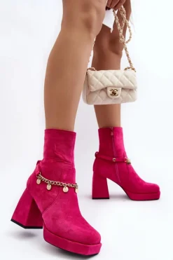 Damskie Botki Na Słupku Z Łańcuszkiem Fuksja Tiselo