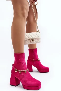 Damskie Botki Na Słupku Z Łańcuszkiem Fuksja Tiselo