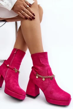 Damskie Botki Na Słupku Z Łańcuszkiem Fuksja Tiselo