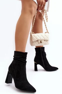 Damskie Botki Na Słupku Z Marszczoną Cholewką Czarne Phaga