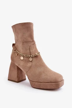 Damskie Botki Na Słupku Z Łańcuszkiem Beżowe Tiselo