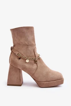 Damskie Botki Na Słupku Z Łańcuszkiem Beżowe Tiselo