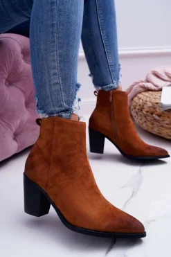 Damskie Botki Na Słupku Zamszowe Camel Niki