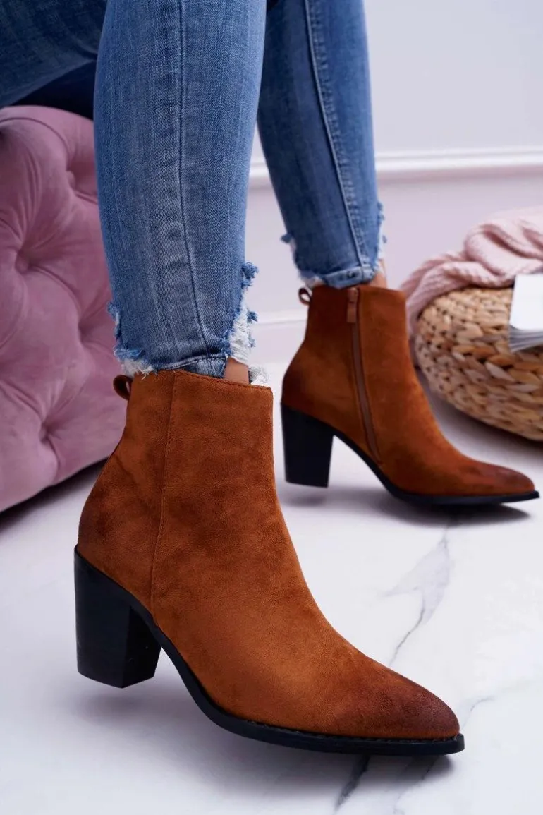 Damskie Botki Na Słupku Zamszowe Camel Niki