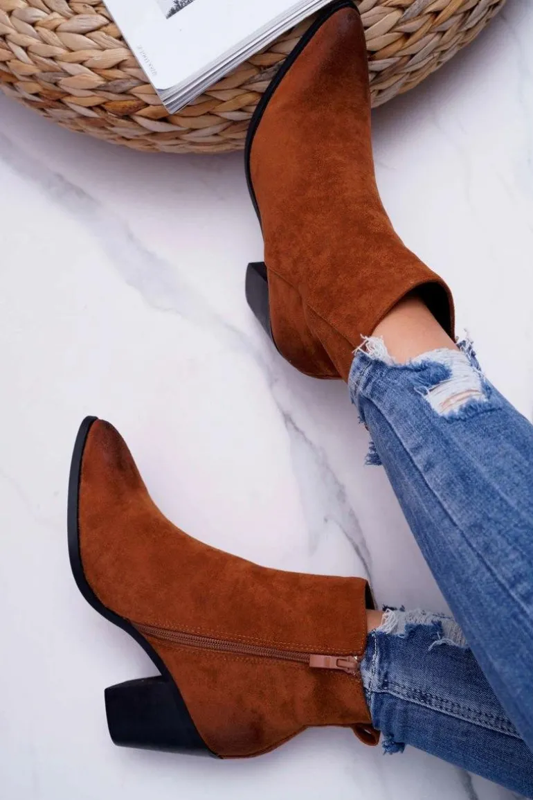 Damskie Botki Na Słupku Zamszowe Camel Niki