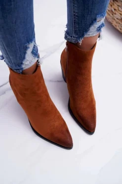 Damskie Botki Na Słupku Zamszowe Camel Niki