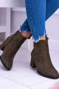 Damskie Botki Na Słupku Zamsz Khaki Ferimate