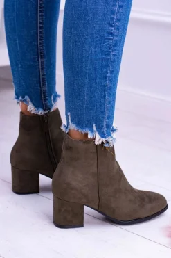 Damskie Botki Na Słupku Zamsz Khaki Ferimate