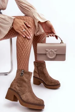 Damskie Botki Na Suwak Brązowe Romella