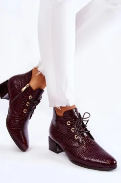 Damskie Botki Na Suwak Wzór Krokodyl Bordowe Farrah