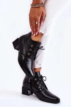 Damskie Botki Na Suwak Wzór Krokodyl Czarne Farrah