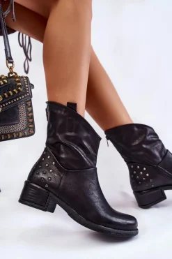 Damskie Botki Na Suwak Z Ćwiekami Czarne Lance