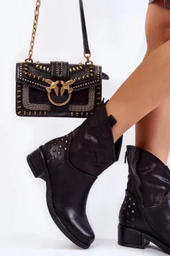 Damskie Botki Na Suwak Z Ćwiekami Czarne Lance