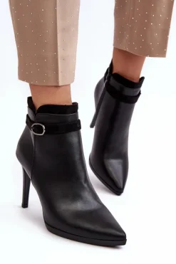 Damskie Botki Na Szpilce Z Klamrą Ocieplane Czarne Aesha