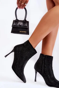 Damskie Botki Na Szpilce Z Dżetami Czarne Irma
