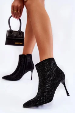 Damskie Botki Na Szpilce Z Dżetami Czarne Irma