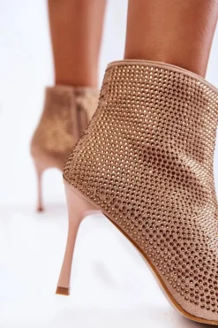 Damskie Botki Na Szpilce Z Dżetami Ciemnobeżowe Irma