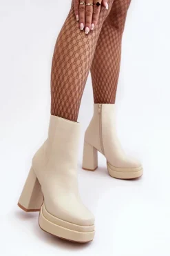Damskie Botki Na Wysokim Słupku I Platformie Jasnobeżowe Sandstra