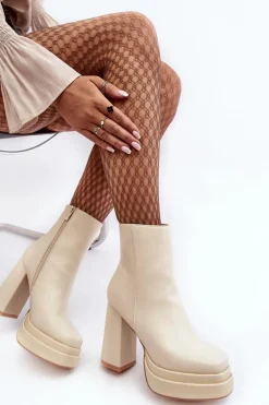 Damskie Botki Na Wysokim Słupku I Platformie Jasnobeżowe Sandstra