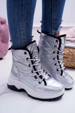 Damskie Botki Śniegowce Ocieplane Futerkiem Srebrne Muffin