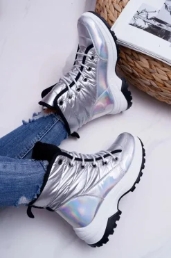 Damskie Botki Śniegowce Ocieplane Futerkiem Srebrne Muffin