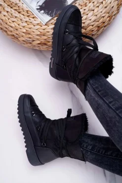 Damskie Botki Śniegowce Ocieplane Futerkiem Czarne Fereni