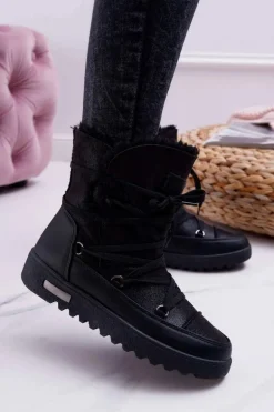 Damskie Botki Śniegowce Ocieplane Futerkiem Czarne Fereni