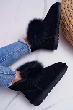 Damskie Botki Śniegowce Ocieplane Futerkiem Skóra Zamsz Czarne Memento
