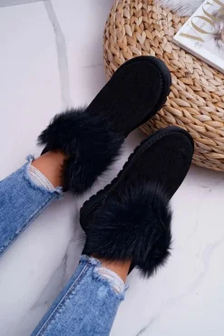 Damskie Botki Śniegowce Ocieplane Futerkiem Skóra Zamsz Czarne Memento