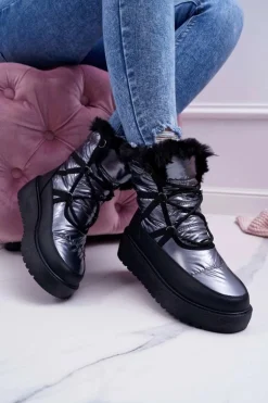 Damskie Botki Śniegowce Ocieplane Futerkiem Srebrne Calma