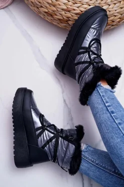 Damskie Botki Śniegowce Ocieplane Futerkiem Srebrne Calma