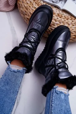 Damskie Botki Śniegowce Ocieplane Futerkiem Srebrne Calma