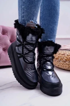 Damskie Botki Śniegowce Ocieplane Futerkiem Srebrne Calma