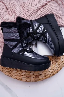 Damskie Botki Śniegowce Ocieplane Futerkiem Srebrne Calma