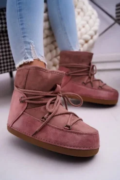 Damskie Botki Śniegowce Ocieplane Futerkiem Różowe Veme