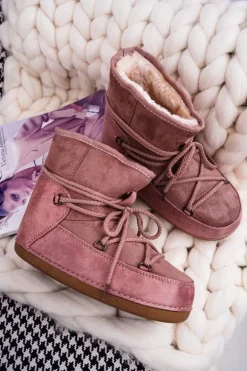 Damskie Botki Śniegowce Ocieplane Futerkiem Różowe Veme