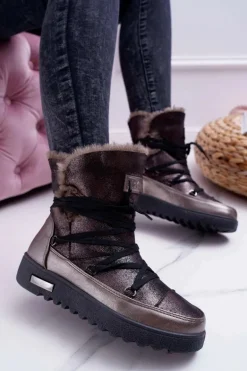 Damskie Botki Śniegowce Ocieplane Futerkiem Ciemnoszare Fereni