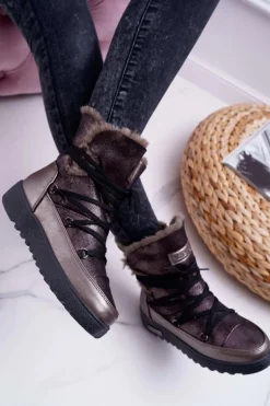 Damskie Botki Śniegowce Ocieplane Futerkiem Ciemnoszare Fereni