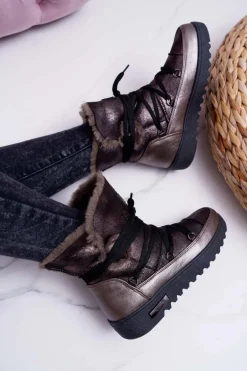 Damskie Botki Śniegowce Ocieplane Futerkiem Ciemnoszare Fereni