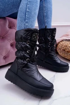Damskie Botki Śniegowce Ocieplane Futerkiem Czarne Honor