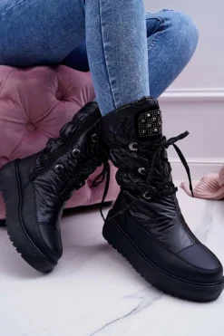 Damskie Botki Śniegowce Ocieplane Futerkiem Czarne Honor