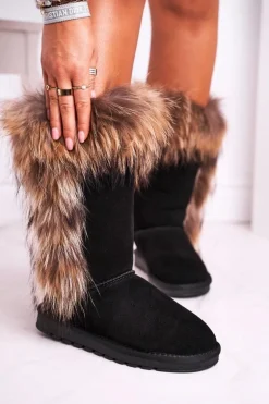 Damskie Botki Śniegowce Ocieplane Futerkiem Skóra Zamsz Czarne Balvin