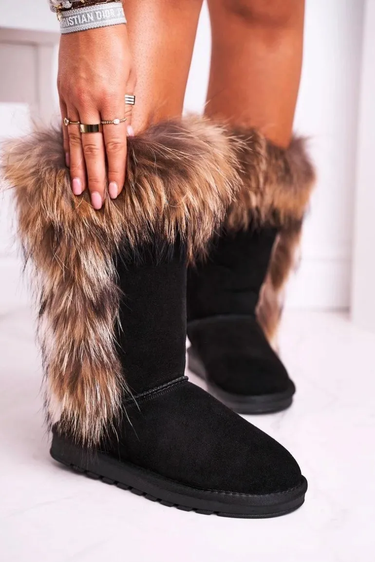 Damskie Botki Śniegowce Ocieplane Futerkiem Skóra Zamsz Czarne Balvin